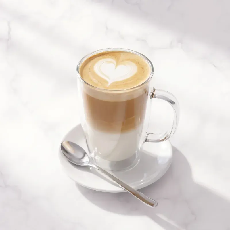 Caffè latte w szklanym kubku, z wyraźnymi warstwami mleka i kawy oraz latte art