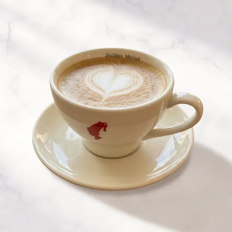 Cappuccino z latte art na marmurowym blacie