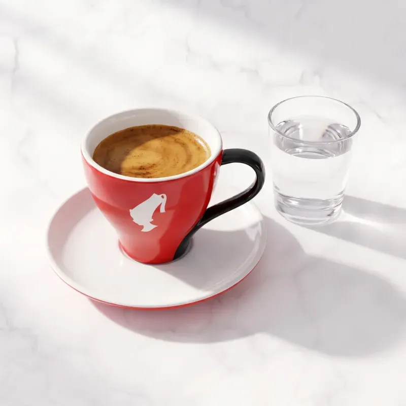 Double espresso w czerwonej filiżance, podane ze szklanką wody