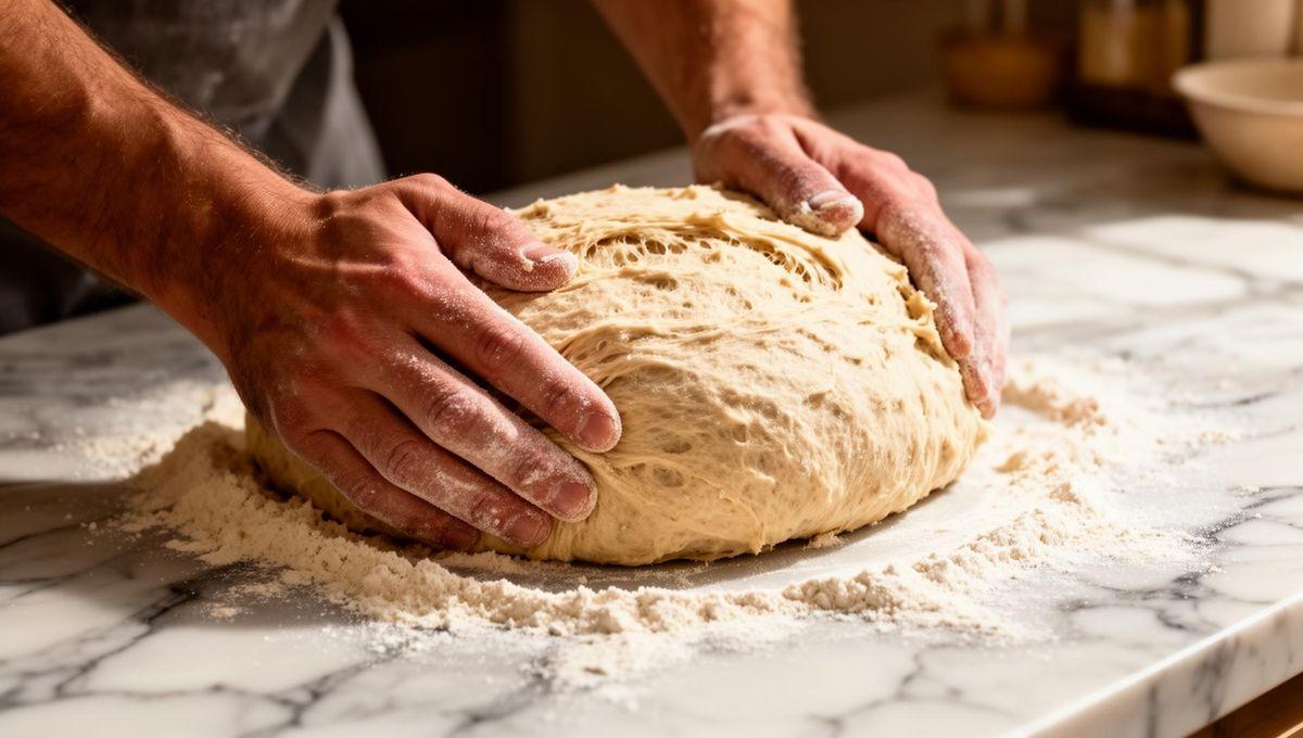 Ręce piekarza formujące ciasto na chleb na zakwasie
